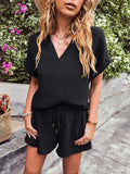 Notched Short Sleeve Top and Shorts Set - Trendsi - Flyclothing LLC