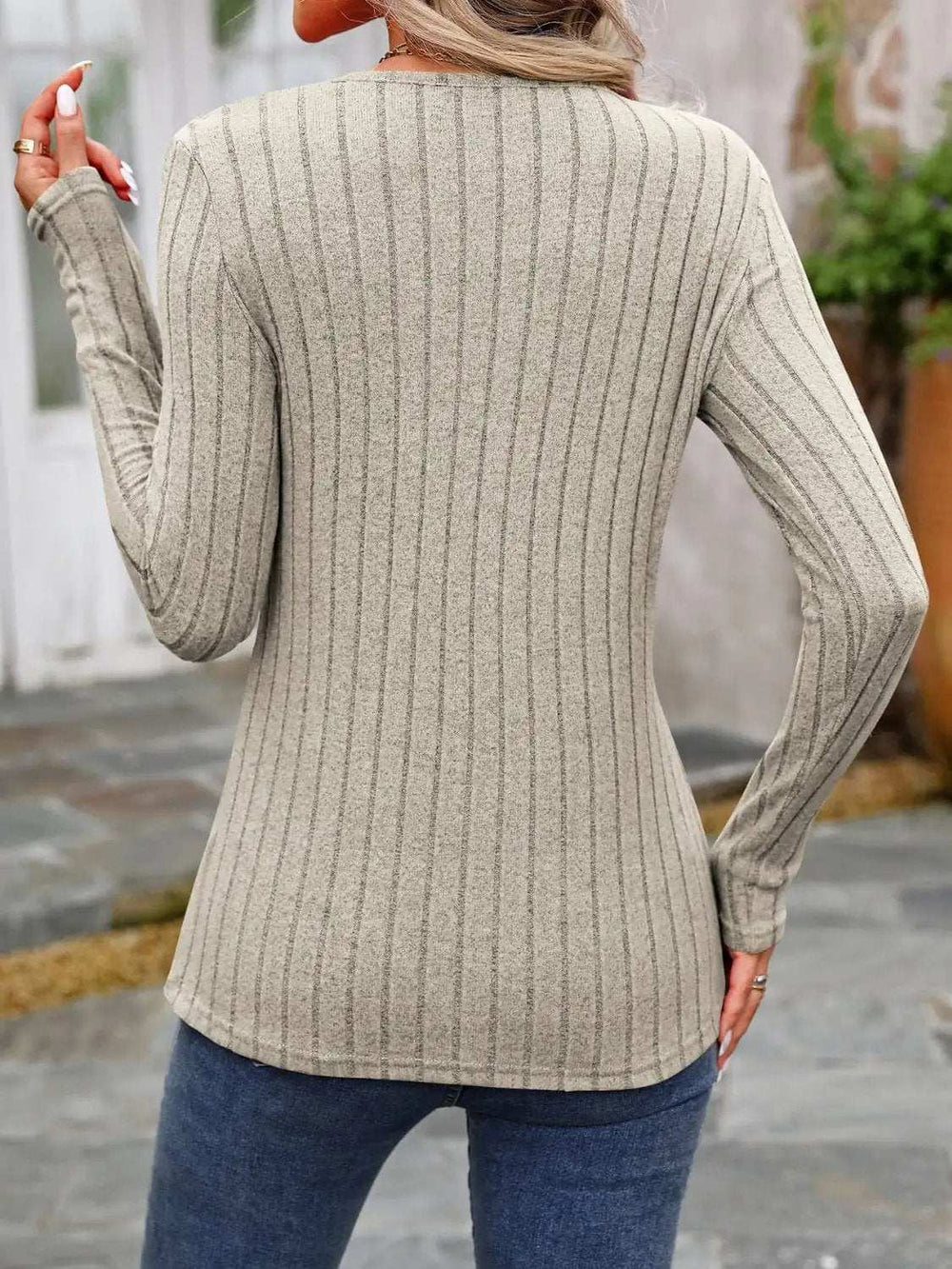 Decorative Button Round Neck Long Sleeve T-Shirt - Trendsi - Flyclothing LLC