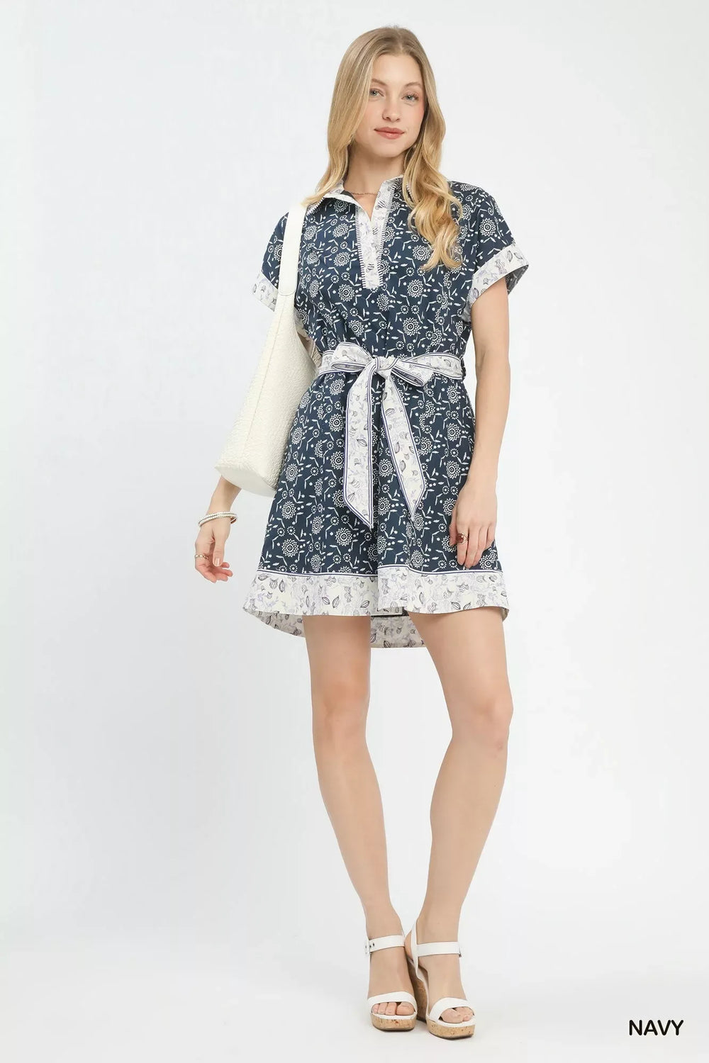 Umgee Border Print Belted Shirt Dress - Trendsi - Flyclothing LLC