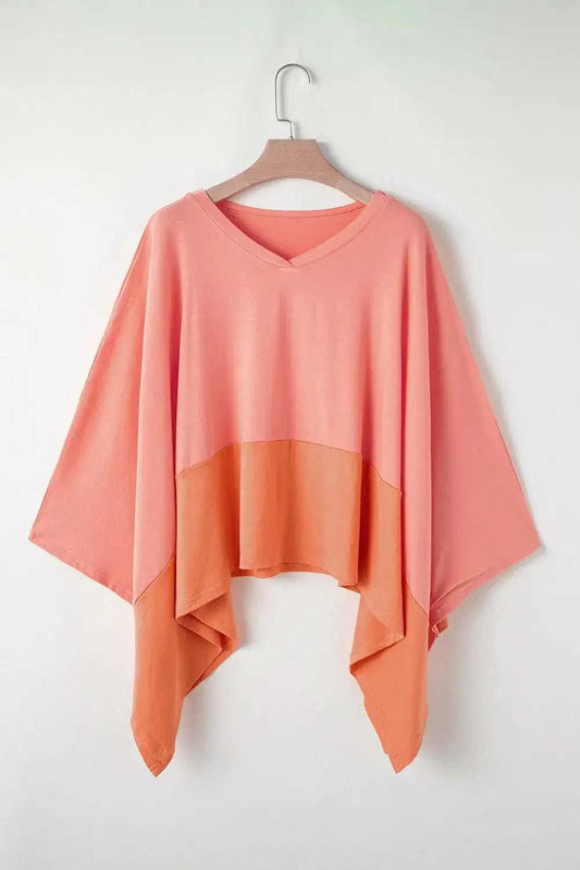 Contrast V-Neck Batwing Sleeve Blouse - Trendsi - Flyclothing LLC