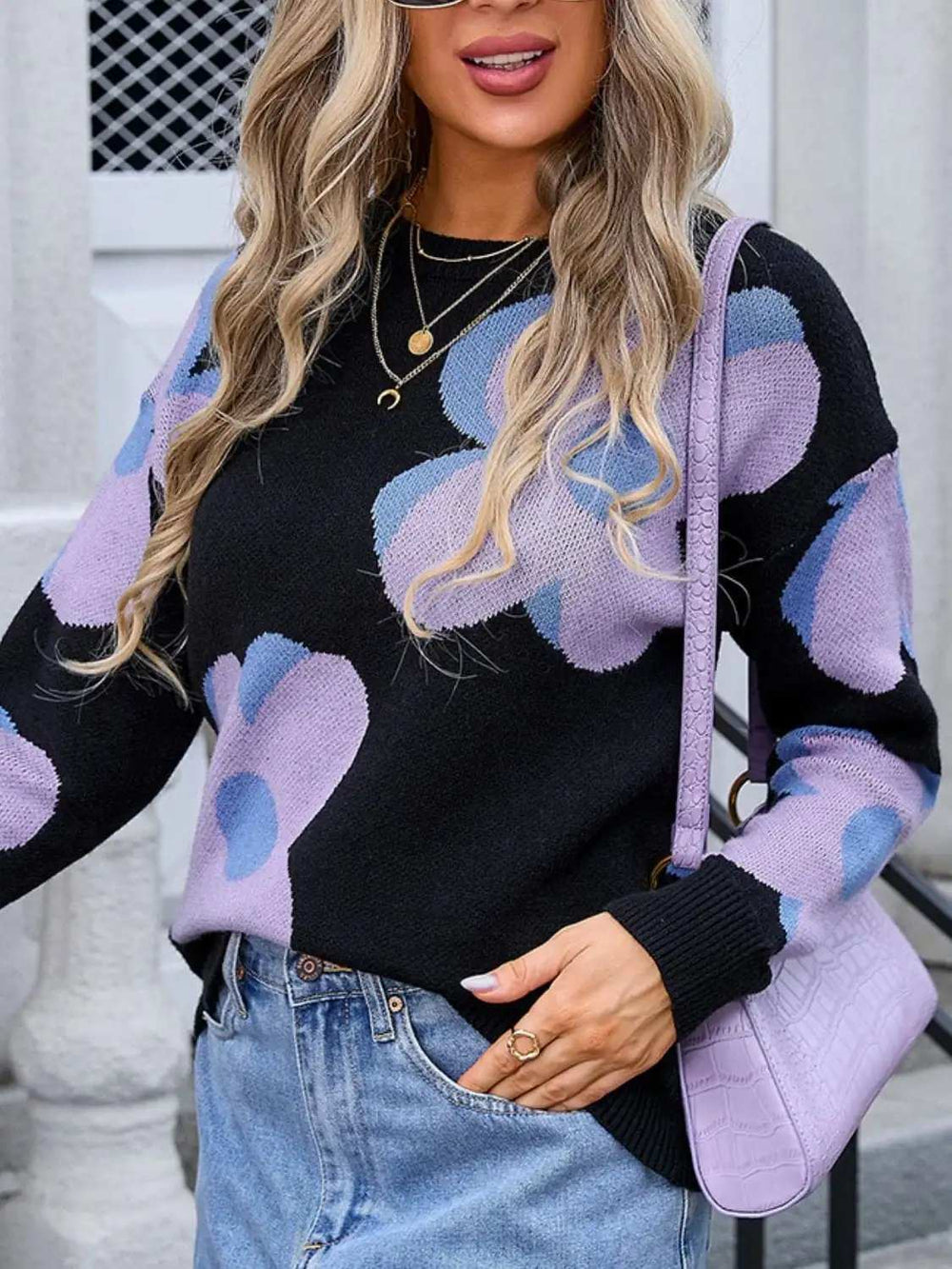 Angel Wings Flower Round Neck Long Sleeve Sweater - Trendsi - Flyclothing LLC