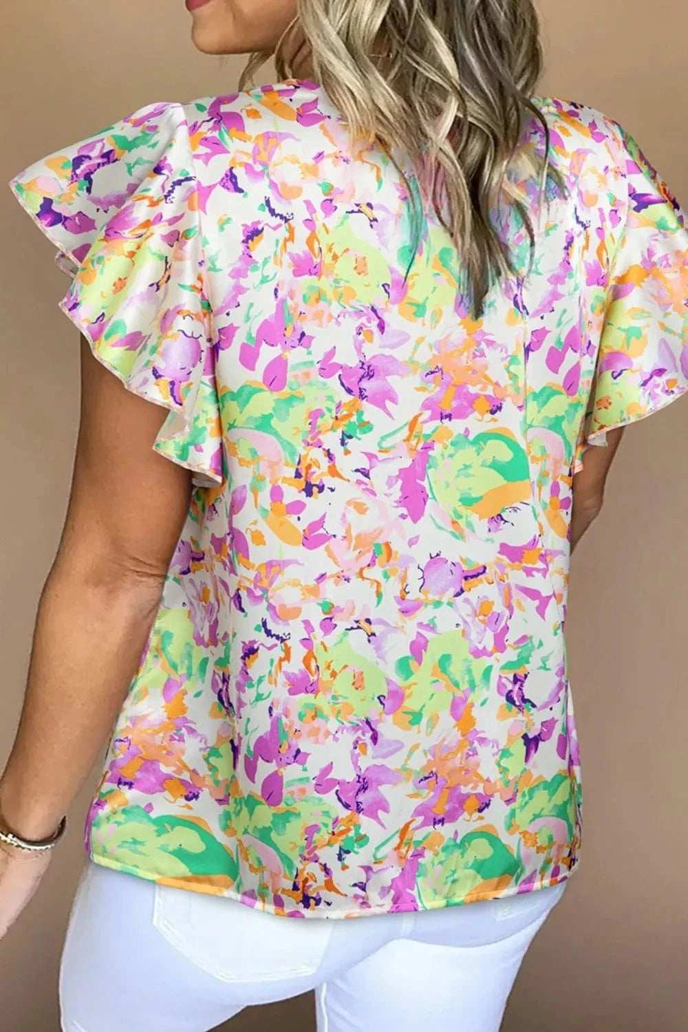 Abstract Printed Ruffled Short Sleeve Notched Neck Blouse - Trendsi - Flyclothing LLC