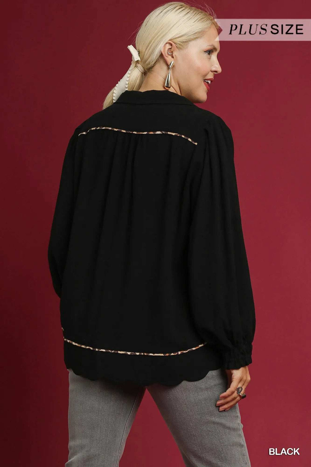 Umgee Full Size Linen Scallop Hem Blouse with Contrast Trim Plus Size - Trendsi - Flyclothing LLC