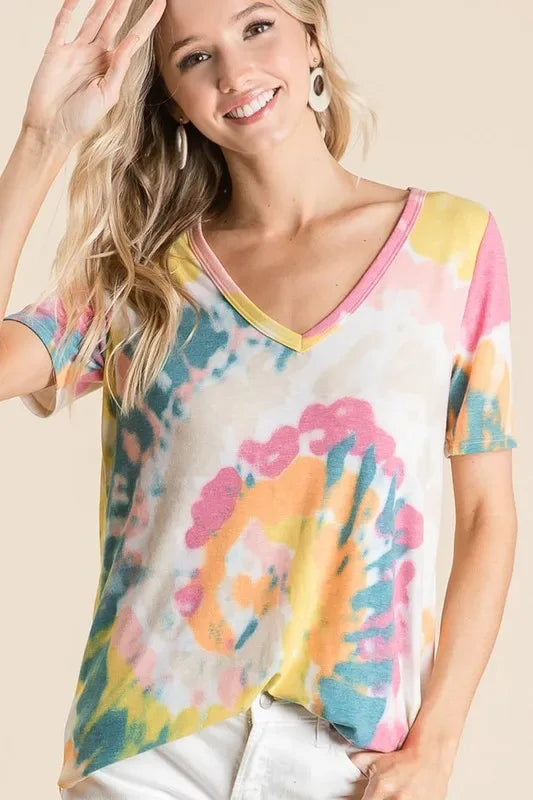 BiBi Circular Tie Dye Print V Neck Top - Trendsi - Flyclothing LLC