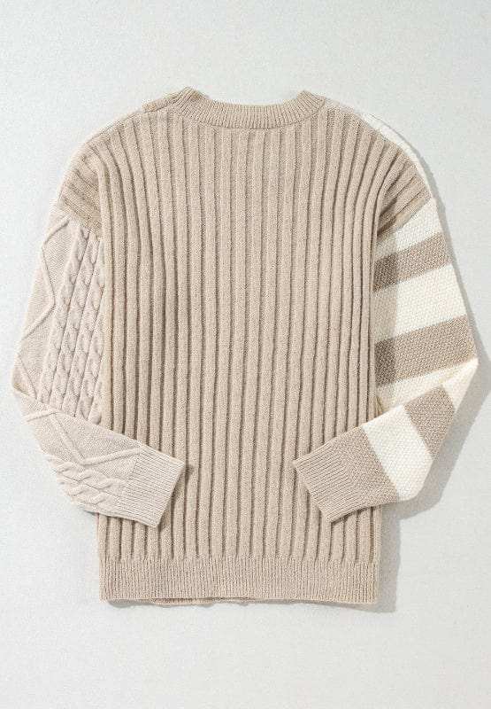 Cable-Knit Color Block Round Neck Sweater - Trendsi - Flyclothing LLC