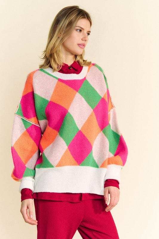 Davi & Dani Exposed Seam Color Block Dropped Shoulder Sweater - Trendsi - Flyclothing LLC
