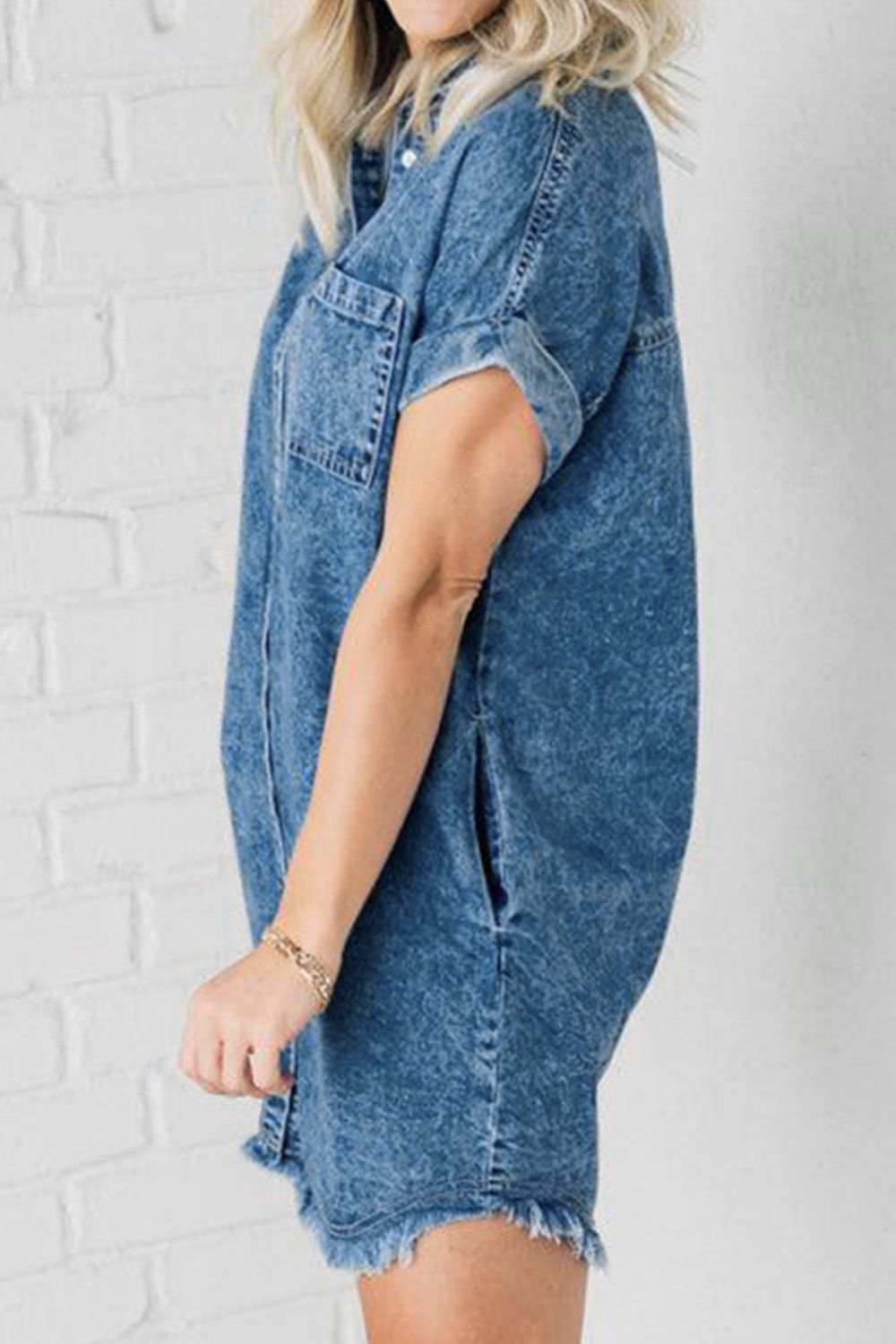 Raw Hem Pocketed Cap Sleeve Denim Dress - Trendsi - Flyclothing LLC