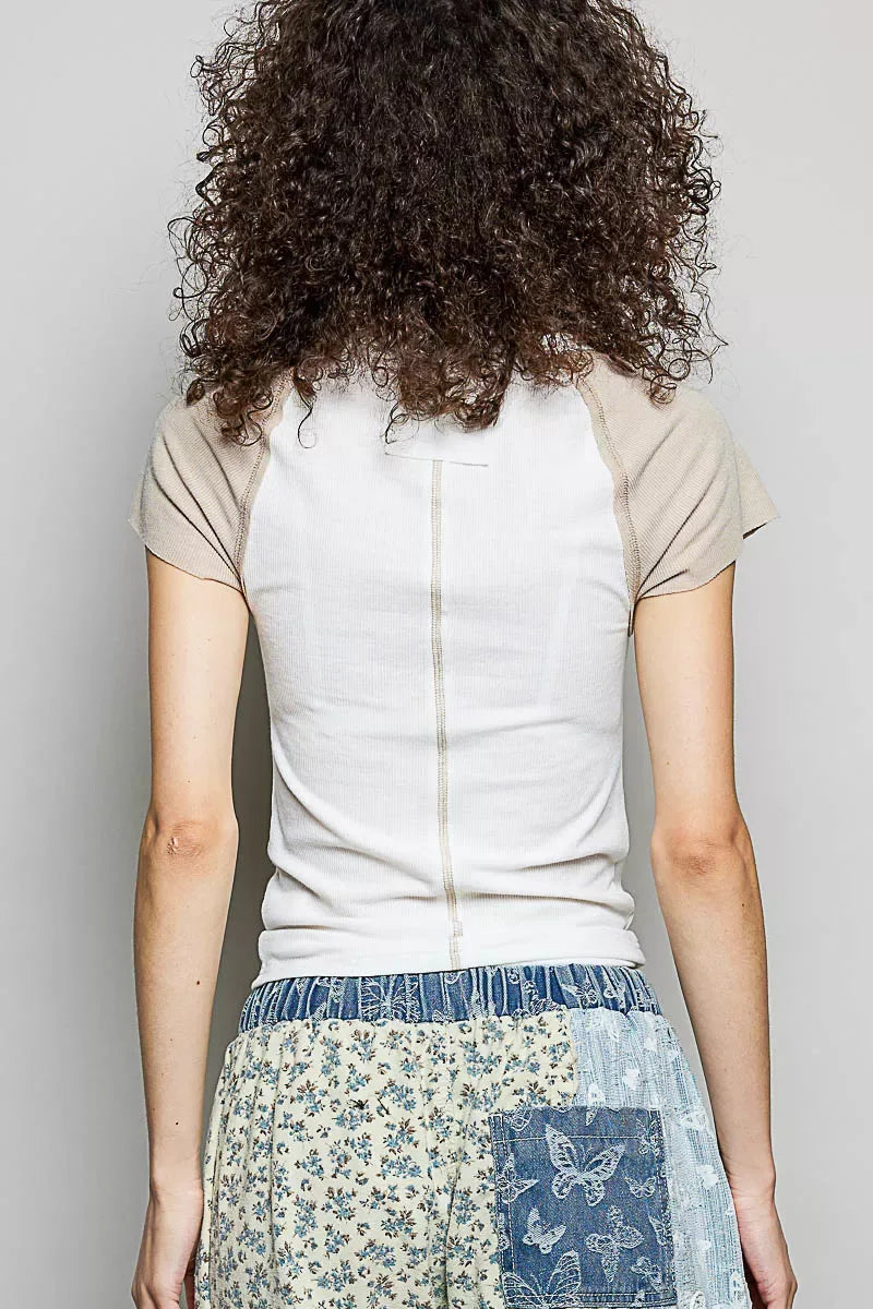 POL Round Neck Outseam Detail T-Shirt with Contrast Color Sleeves - Trendsi - Flyclothing LLC