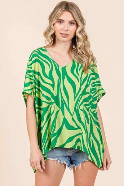 Mittoshop Zebra Print V-Neck Short Sleeve Oversized Top - Trendsi - Flyclothing LLC