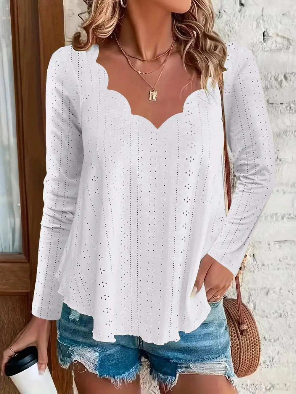 Eyelet Long Sleeve Blouse - Trendsi - Flyclothing LLC
