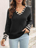 Striped Trim Drop Shoulder Sweater - Trendsi - Flyclothing LLC