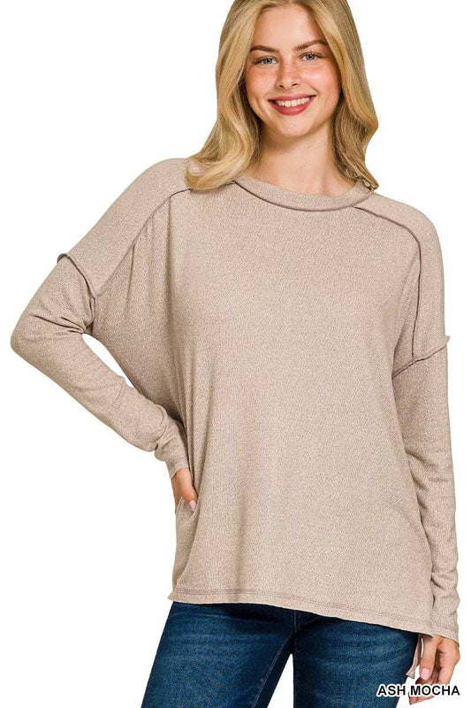 Zenana Full Size Melange Hacci Exposed Seam Hi-low Tee Plus Size - Trendsi - Flyclothing LLC