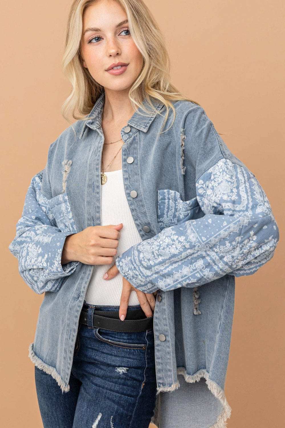 And The Why Full Size Paisley Print Quilted Sleeves Denim Jacket - Trendsi - Flyclothing LLC