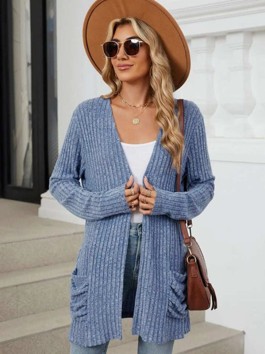 Pocketed Open Front Long Sleeve Cardigan - Trendsi - Flyclothing LLC