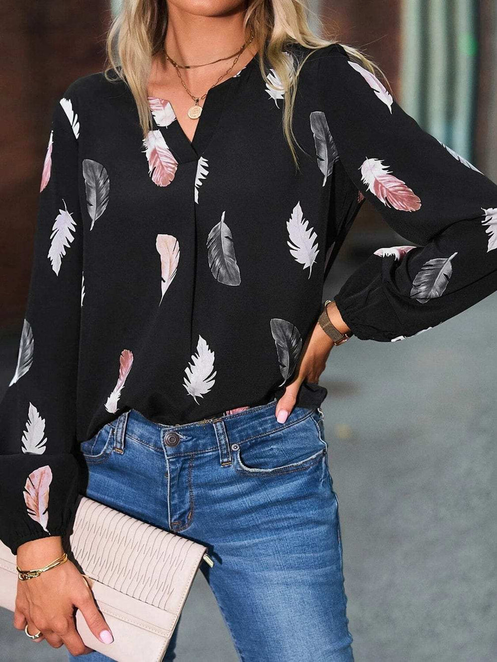 Feather Print Notched Balloon Sleeve Top - Trendsi - Flyclothing LLC