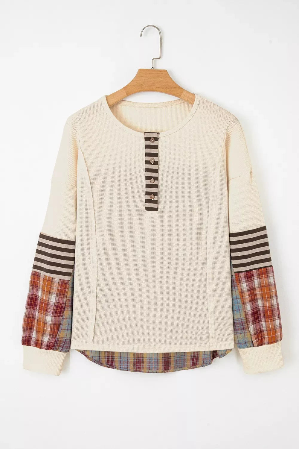 Waffle Knit Plaid Patchwork Long Sleeve Blouse - Trendsi - Flyclothing LLC