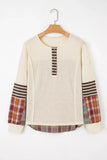 Waffle Knit Plaid Patchwork Long Sleeve Blouse - Trendsi - Flyclothing LLC