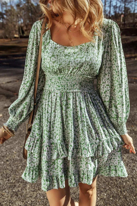 Ruffle Hem Floral Square Neck Long Sleeve Dress - Trendsi - Flyclothing LLC