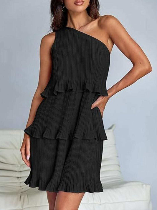 Layered Single Shoulder Mini Dress - Trendsi - Flyclothing LLC