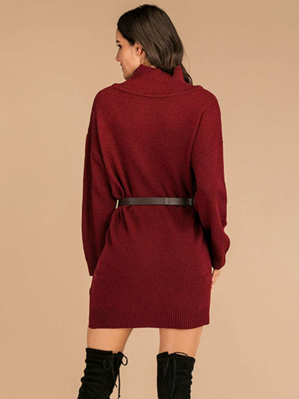 Perfee Slit Turtleneck Long Sleeve Mini Sweater Dress - Trendsi - Flyclothing LLC