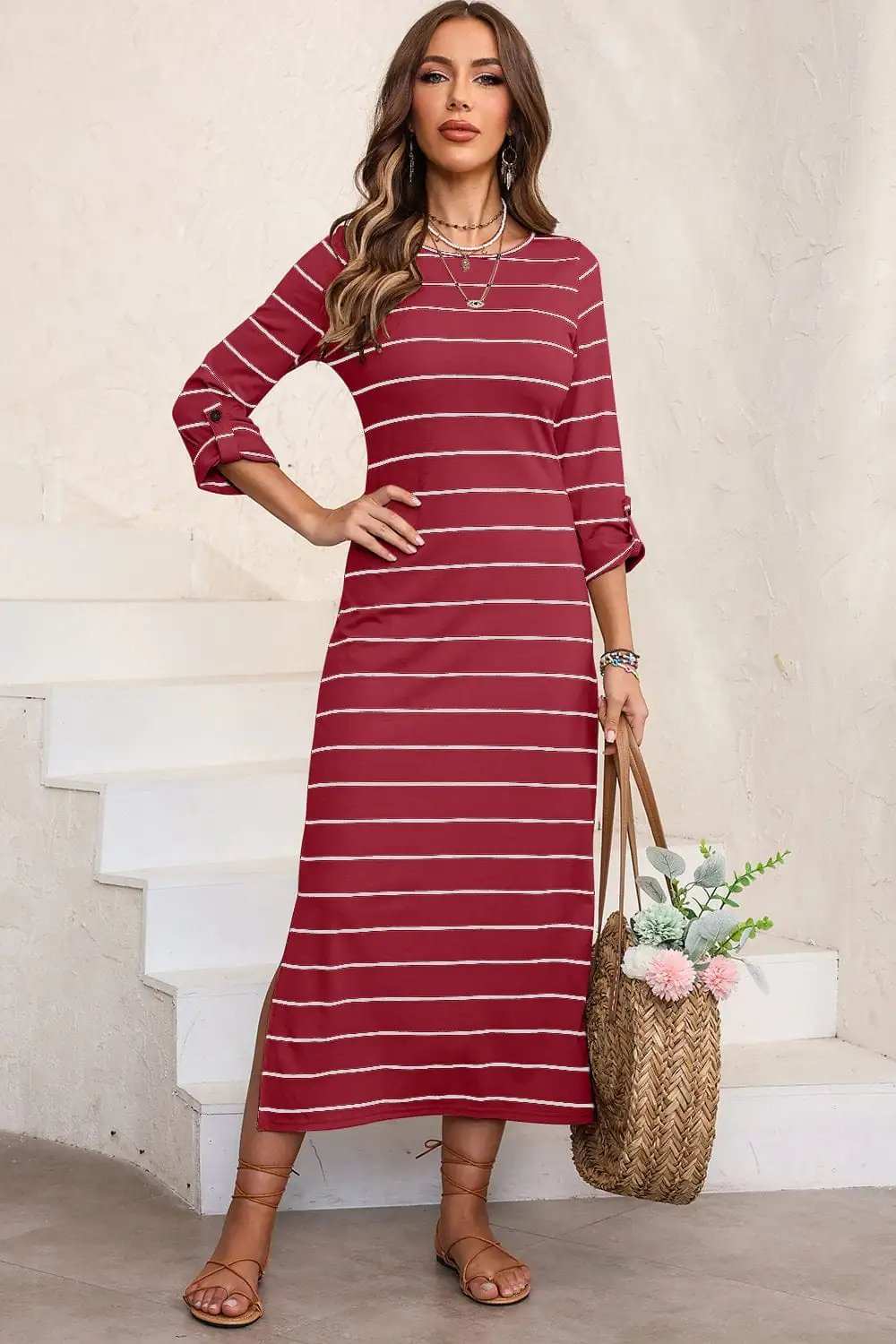 Slit Striped Round Neck Midi Dress - Trendsi - Flyclothing LLC