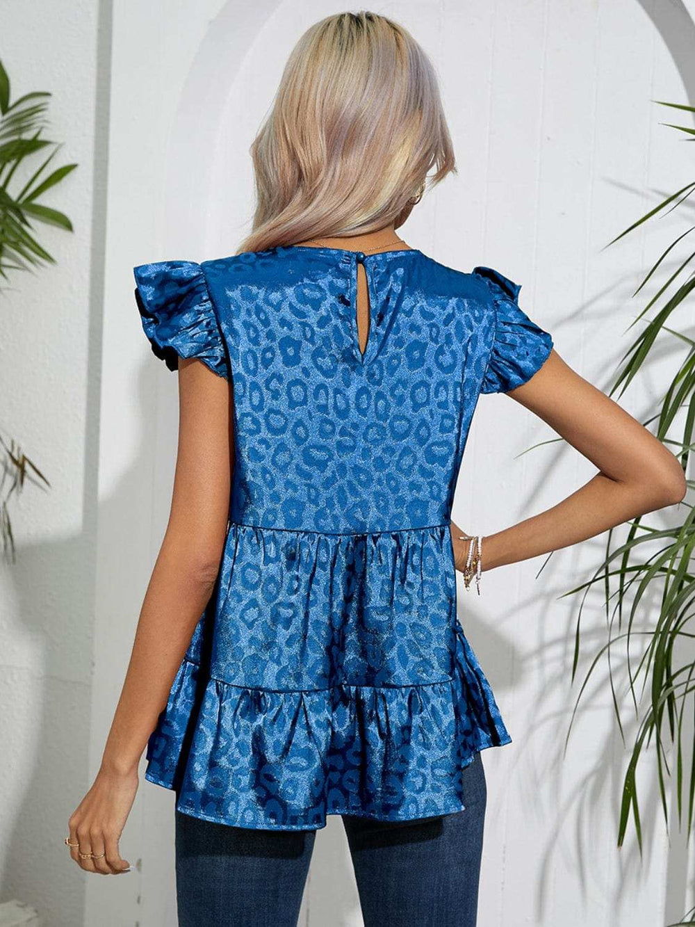 Full Size Ruffled Leopard Cap Sleeve Top - Trendsi - Flyclothing LLC