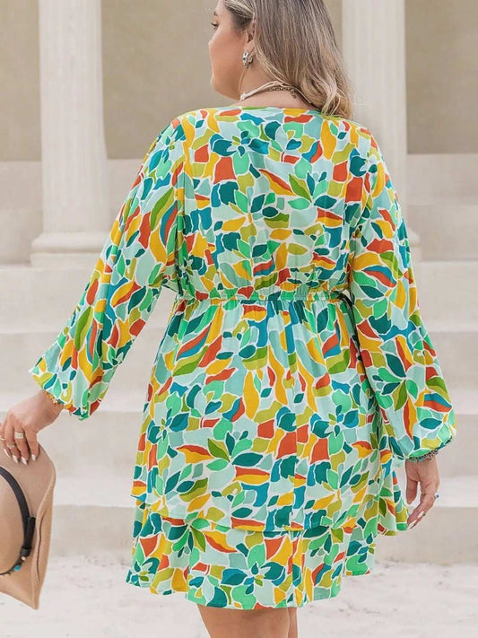 Plus Size Printed Surplice Long Sleeve Mini Dress - Trendsi - Flyclothing LLC