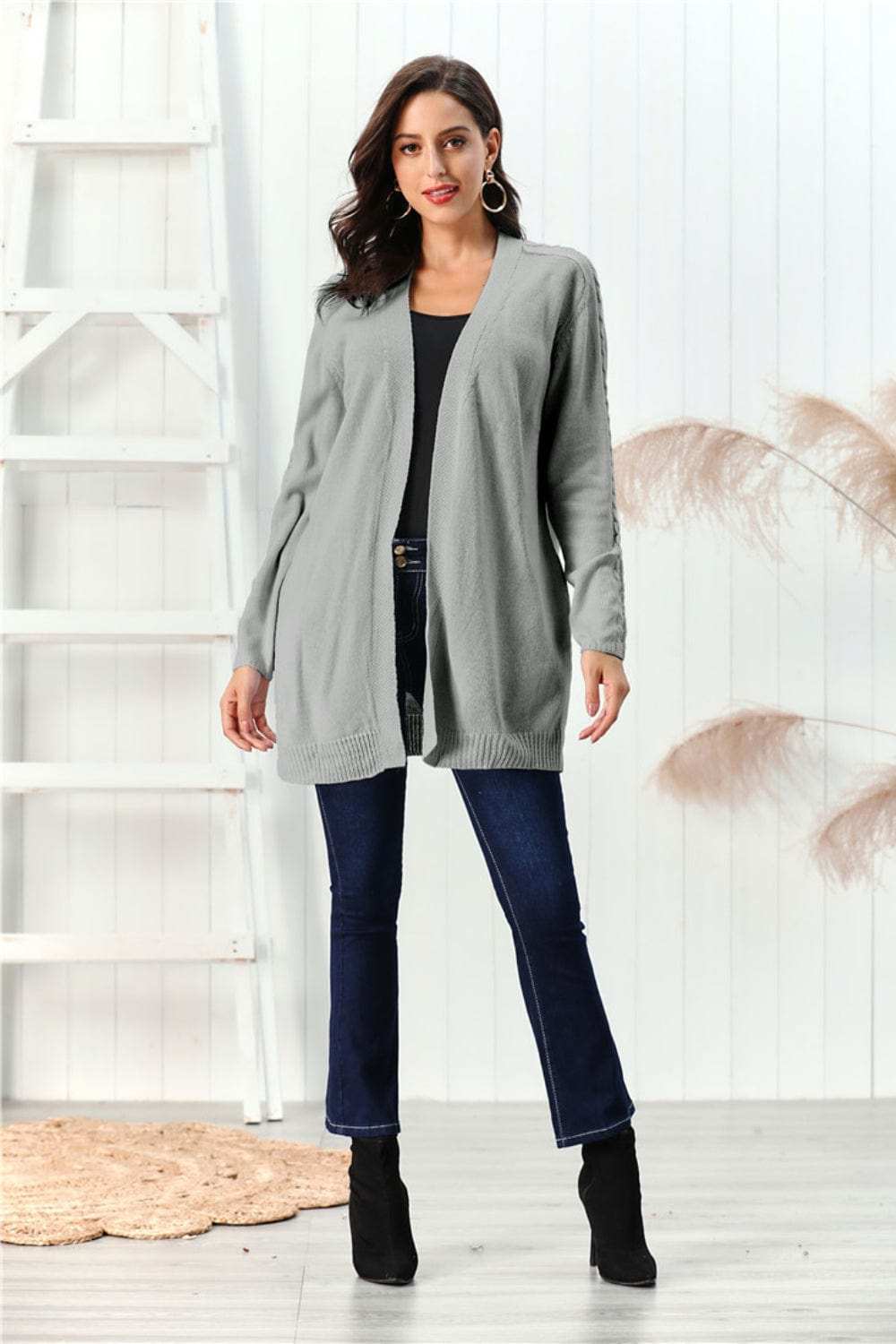 Cable-Knit Open Front Long Sleeve Cardigan - Trendsi - Flyclothing LLC