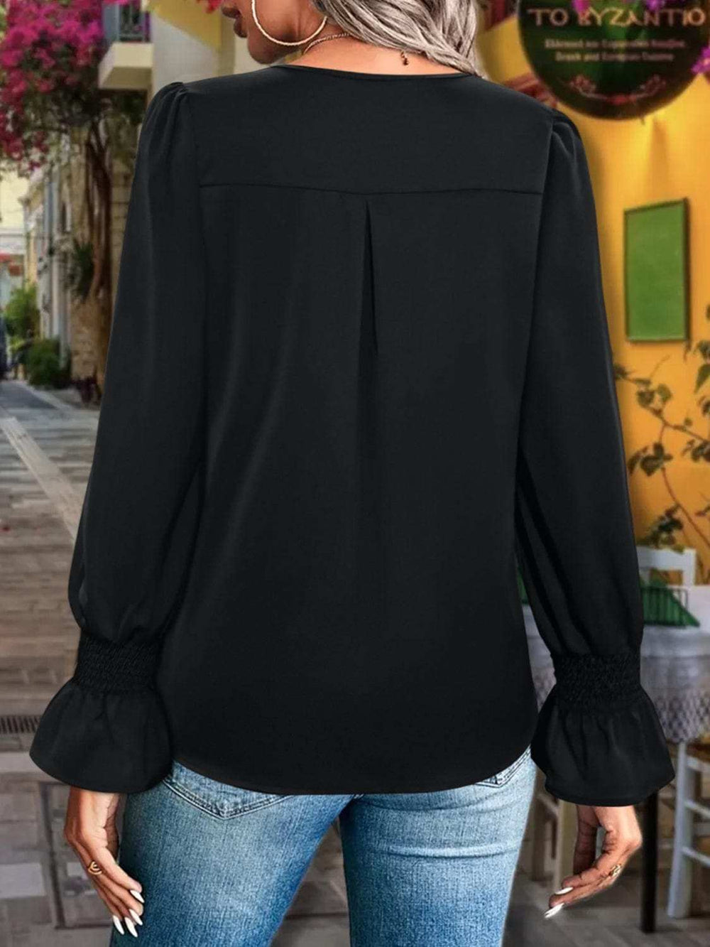 V-Neck Flounce Sleeve Blouse - Trendsi - Flyclothing LLC