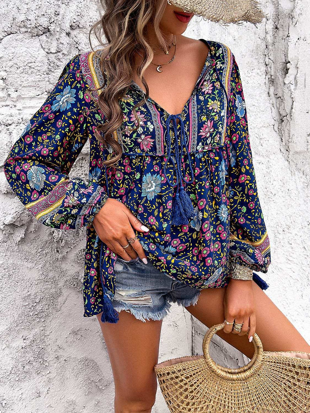 Printed Tie Neck Long Sleeve Blouse - Trendsi - Flyclothing LLC