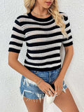Openwork Striped Round Neck Short Sleeve Knit Top - Trendsi - Flyclothing LLC