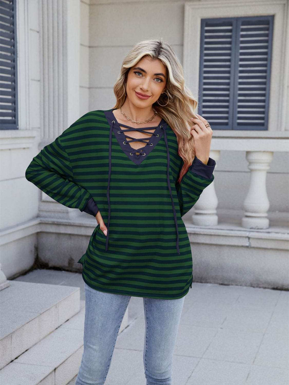 Lace-Up Striped Long Sleeve T-Shirt - Trendsi - Flyclothing LLC