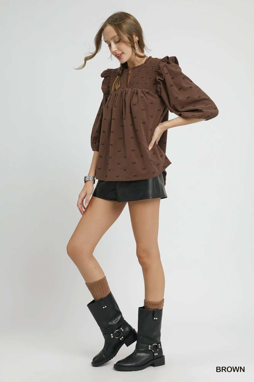 Umgee Bow Print Corduroy Puff Sleeve Blouse with Ruffled - Trendsi - Flyclothing LLC