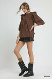 Umgee Bow Print Corduroy Puff Sleeve Blouse with Ruffled - Trendsi - Flyclothing LLC
