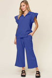 Double Take Texture Ruffle Short Sleeve Top and Drawstring Wide Leg Pants Set - Trendsi - Flyclothing LLC