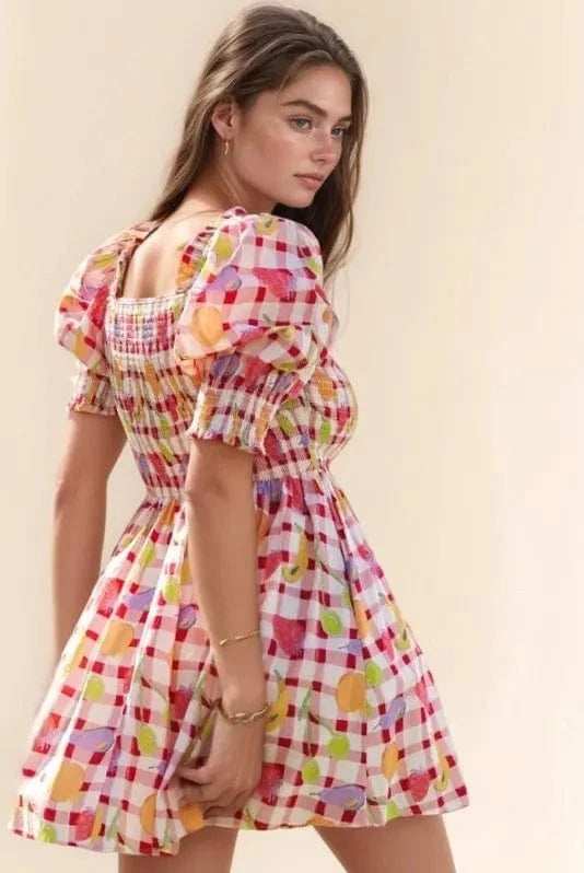 Davi & Dani Fruits Printed Smocking Mini Dress - Trendsi - Flyclothing LLC