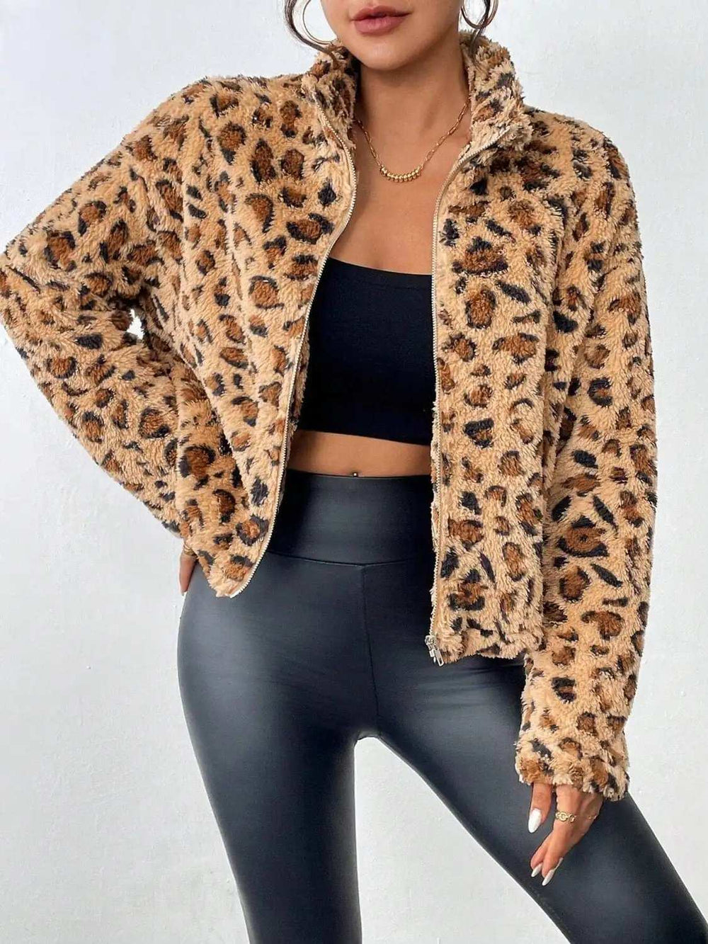 Fuzzy Turtleneck Leopard Zip Up Jacket - Trendsi - Flyclothing LLC
