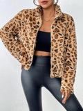 Fuzzy Turtleneck Leopard Zip Up Jacket - Trendsi - Flyclothing LLC
