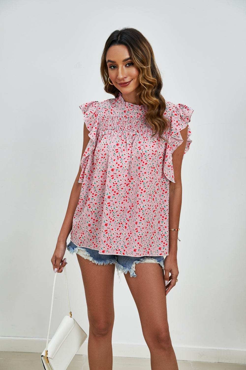 Ruffled Ditsy Floral Mock Neck Cap Sleeve Blouse - Trendsi - Flyclothing LLC