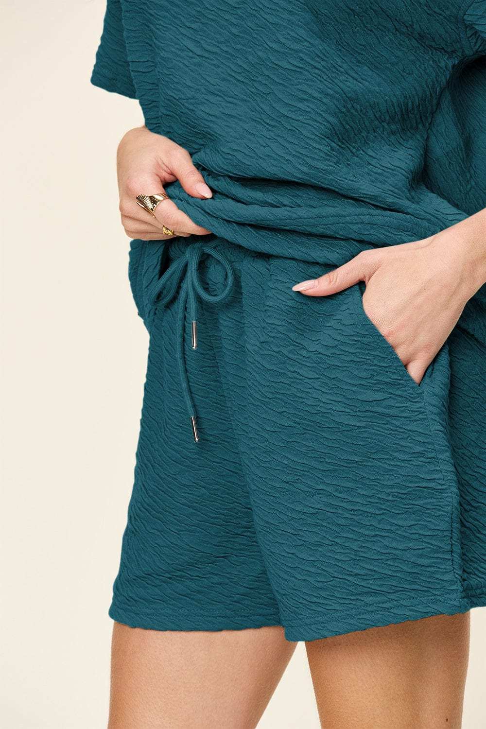 Double Take Full Size Texture Short Sleeve T-Shirt and Drawstring Shorts Set - Trendsi - Flyclothing LLC