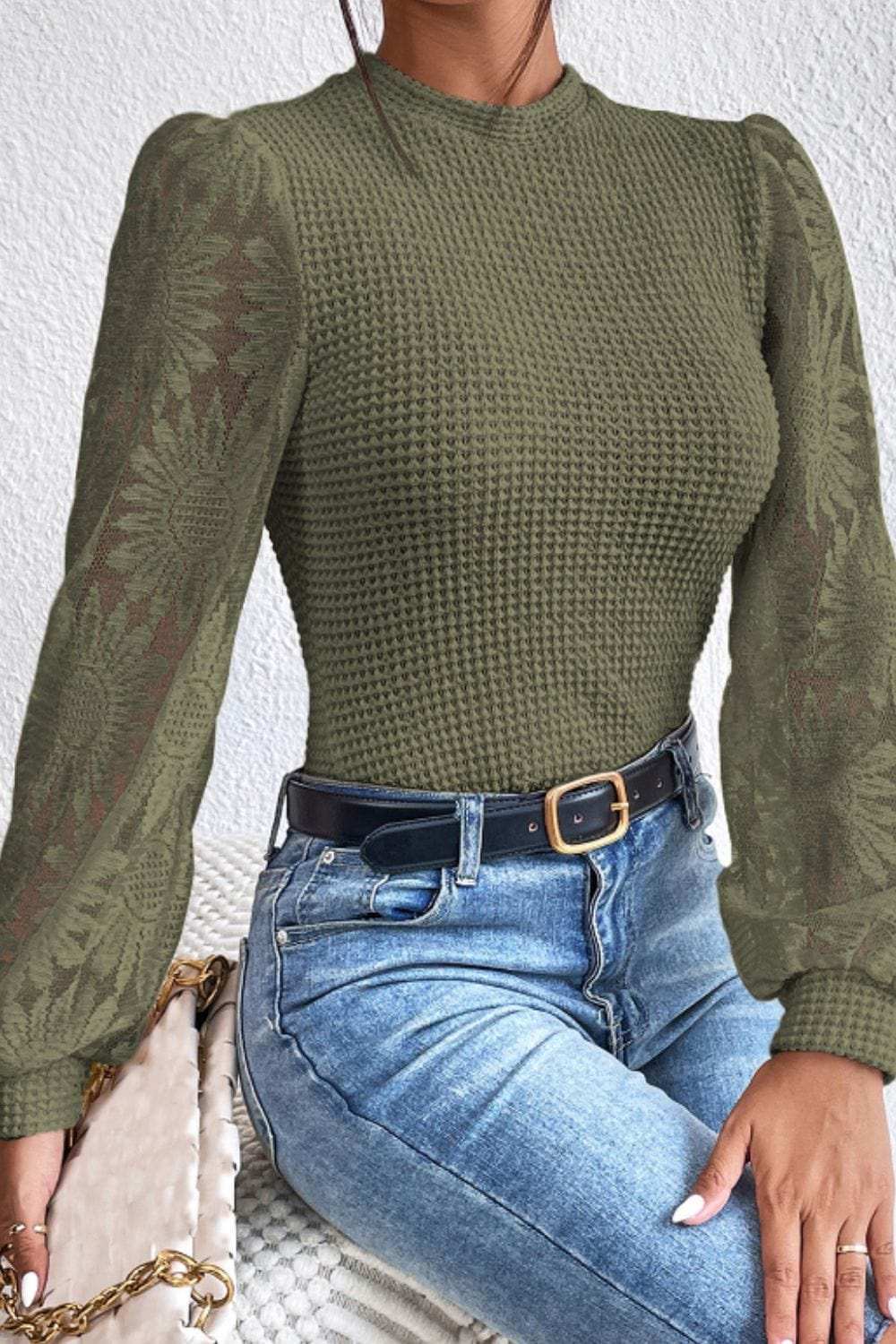 Mock Neck Lace Long Sleeve Top - Trendsi - Flyclothing LLC