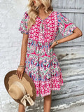 Printed Tie Neck Short Sleeve Dress - Trendsi - Flyclothing LLC