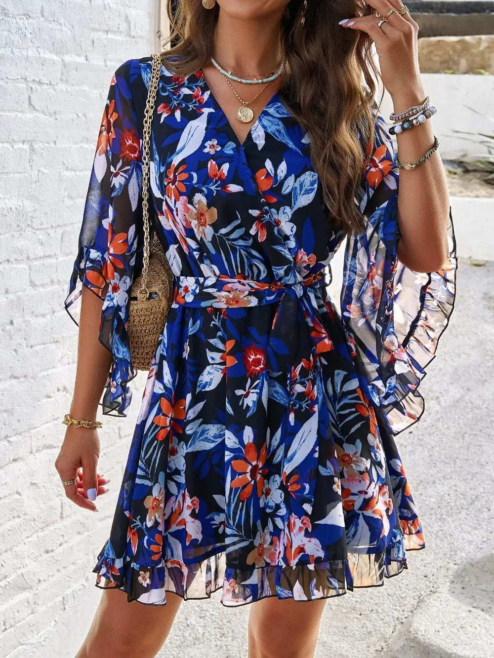 Ruffled Printed Surplice Half Sleeve Mini Dress - Trendsi - Flyclothing LLC