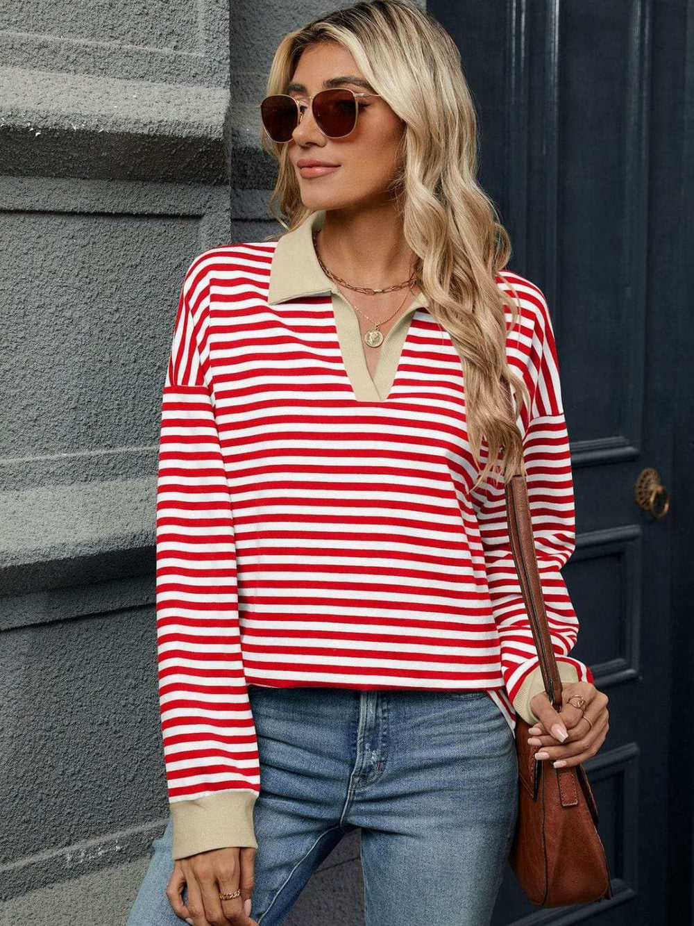 Striped Johnny Collar Long Sleeve Sweatshirt - Trendsi - Flyclothing LLC