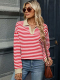 Striped Johnny Collar Long Sleeve Sweatshirt - Trendsi - Flyclothing LLC