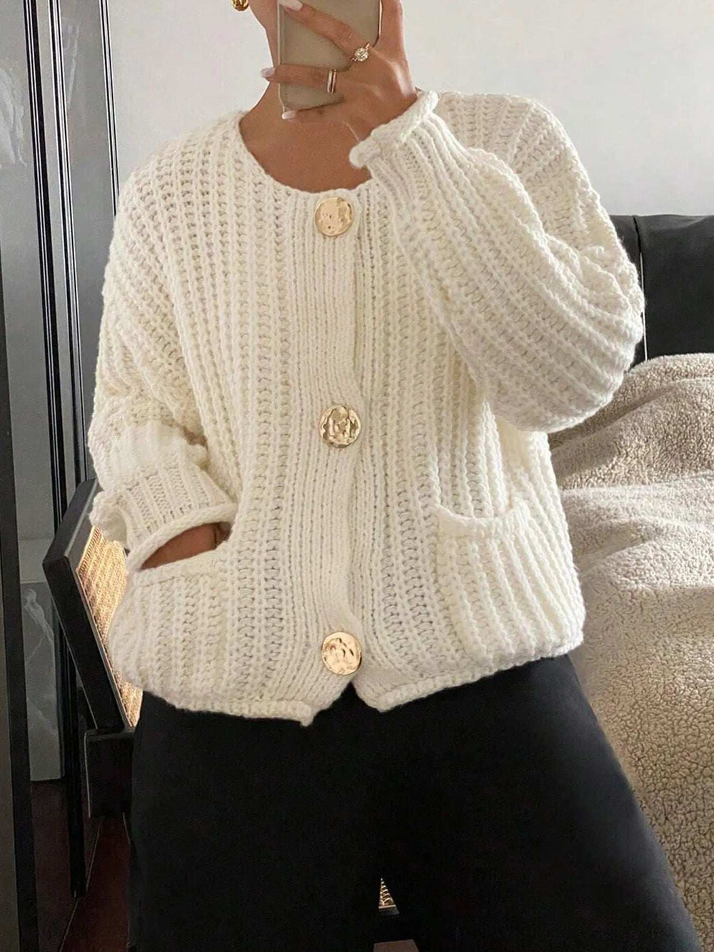 Button-Front Knit Cardigan with Pockets - Trendsi - Flyclothing LLC