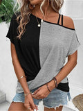 Contrast Asymmetrical Neck Short Sleeve T-Shirt - Trendsi - Flyclothing LLC
