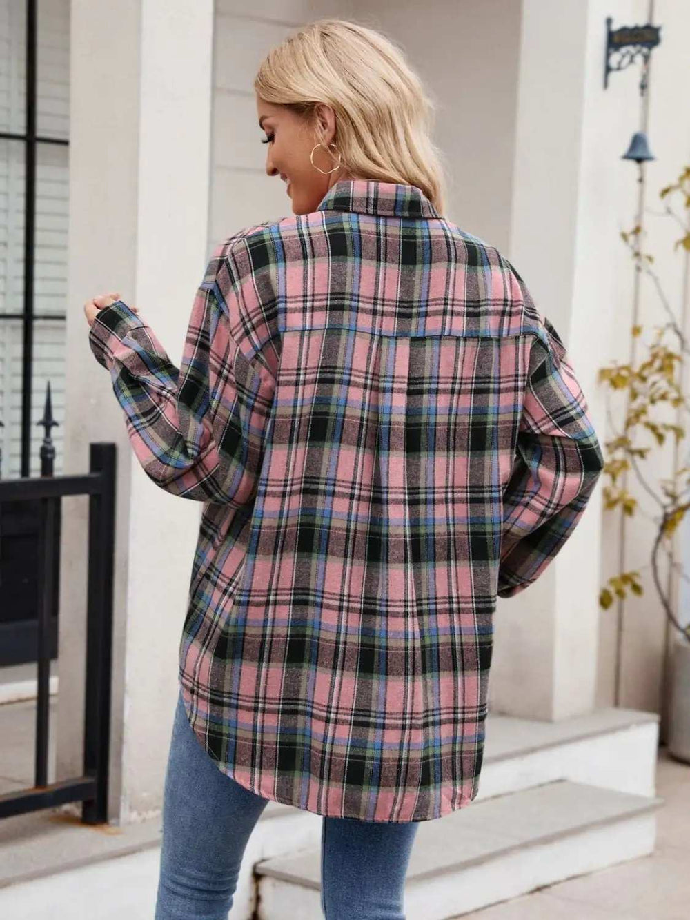 Pocketed Plaid Collared Neck Long Sleeve Shirt - Trendsi - Flyclothing LLC