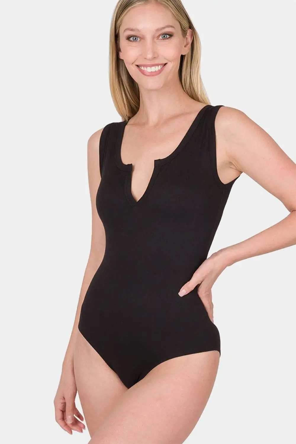 Zenana Microfiber Notched Sleeveless Bodysuit - Trendsi - Flyclothing LLC