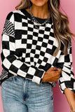 Checkered Round Neck Long Sleeve Sweater - Trendsi - Flyclothing LLC